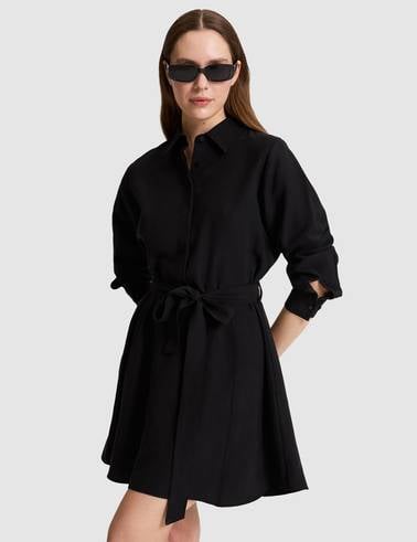 Siyah Comfort Fit Dokuma Elbise