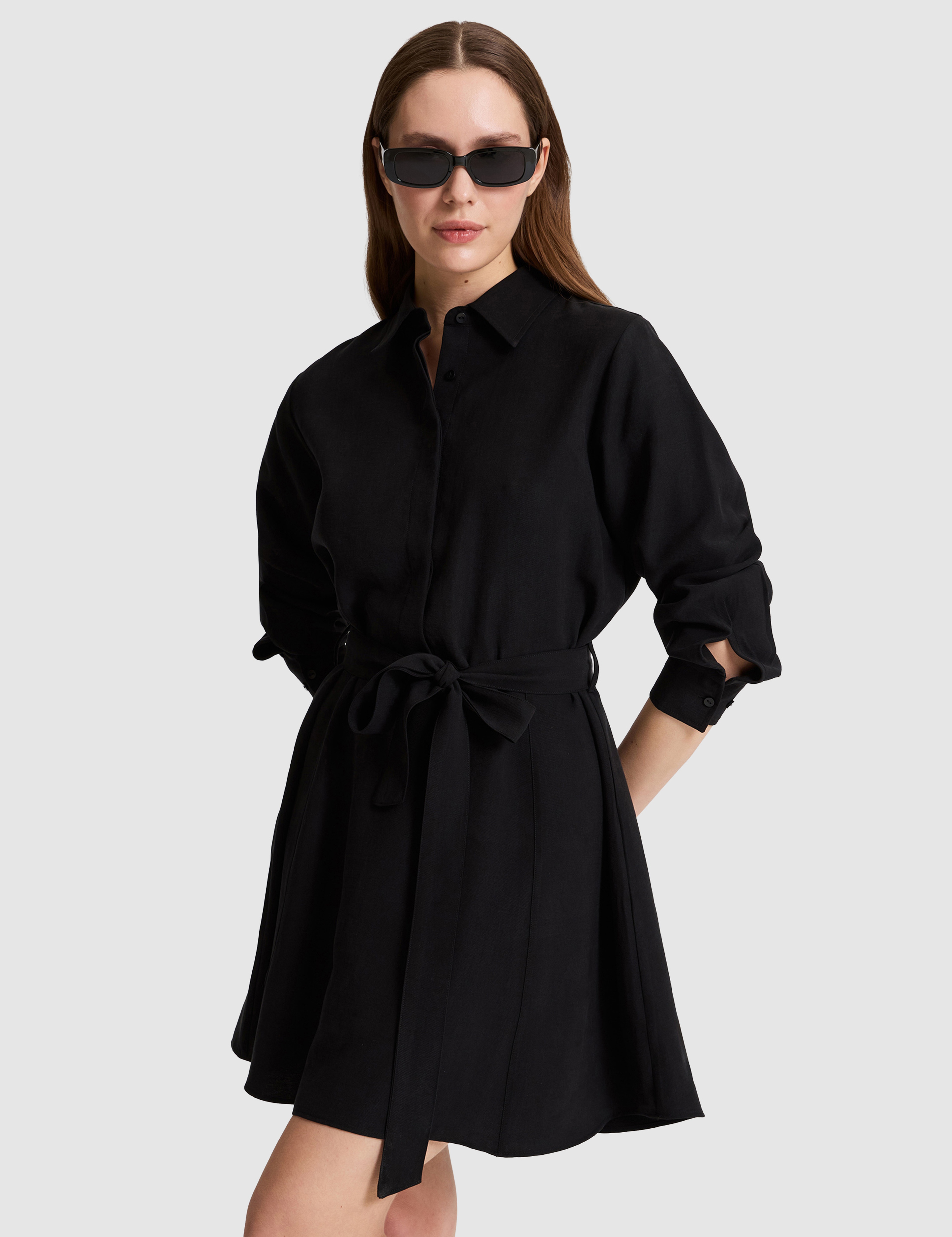 Siyah Comfort Fit Dokuma Elbise - Image 3