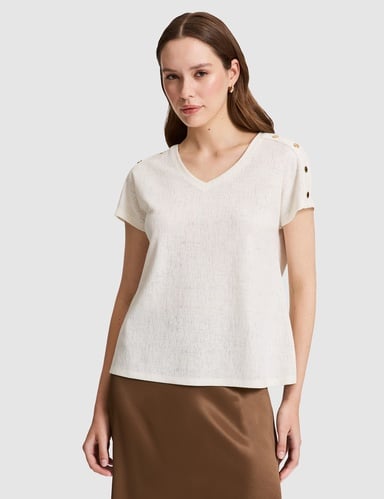 Ekru Comfort Fit V Yaka Tişört