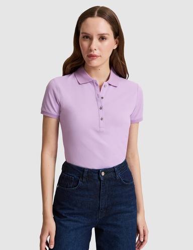 Lila Slim Fit Pamuklu Polo Yaka Basic Tişört