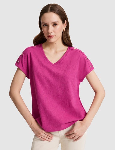 Fuşya Comfort Fit V Yaka Tişört