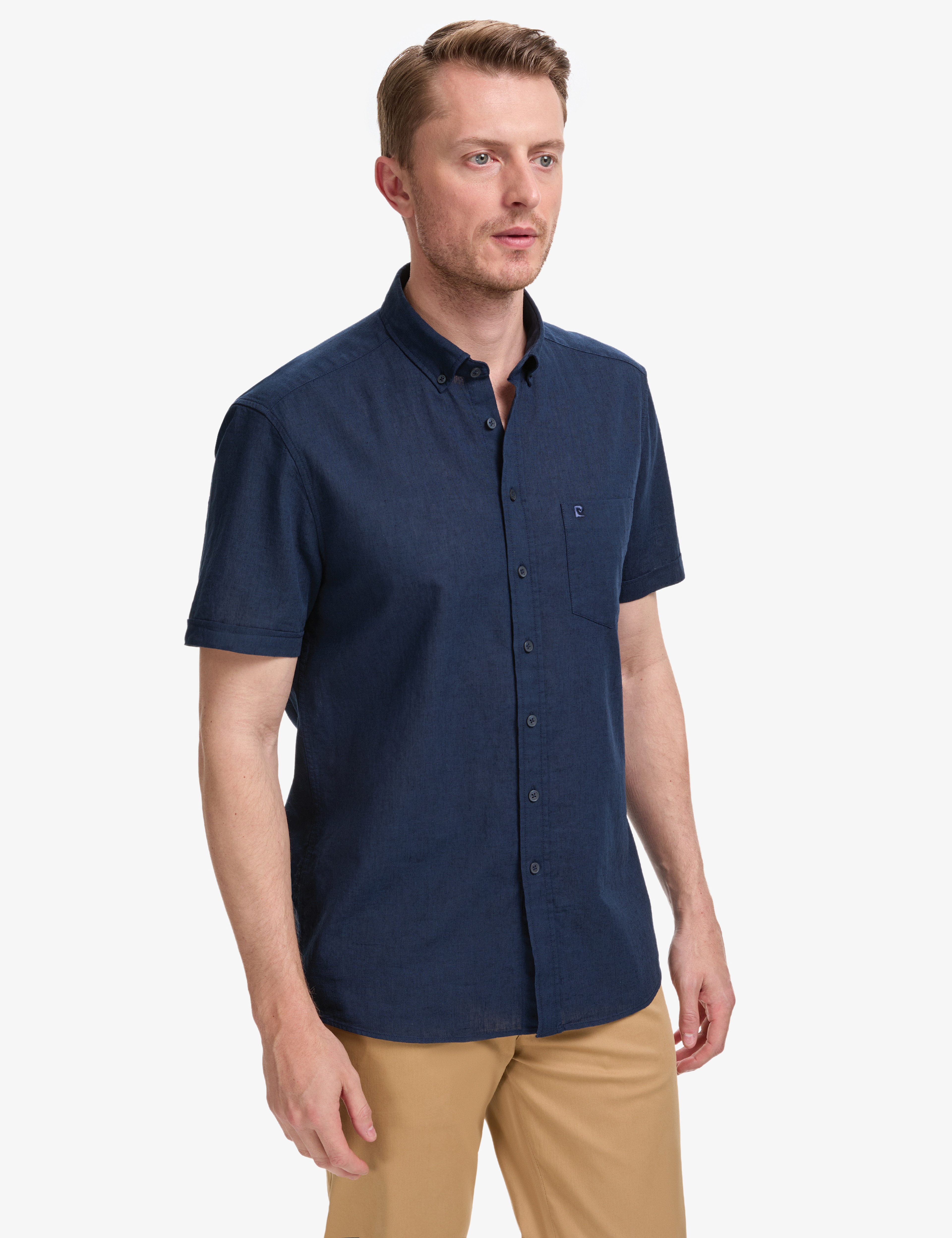 Lacivert Keten Karışımlı Regular Fit Kısa Kollu Gömlek - Image 3