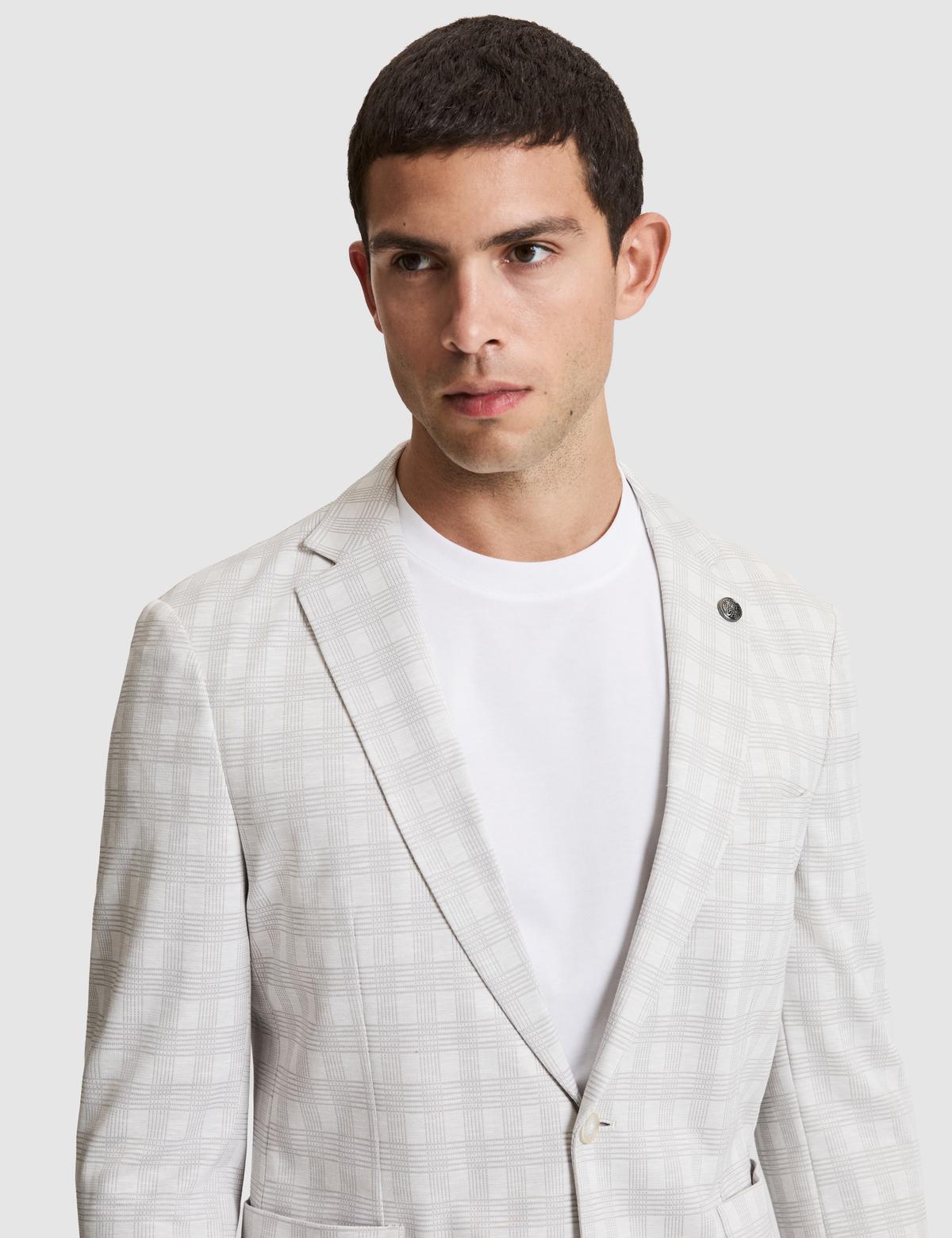 Açık Gri Pamuk Karışımlı Slim Fit Ekose Ceket - 50267015011