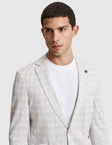 Açık Gri Pamuk Karışımlı Slim Fit Ekose Ceket