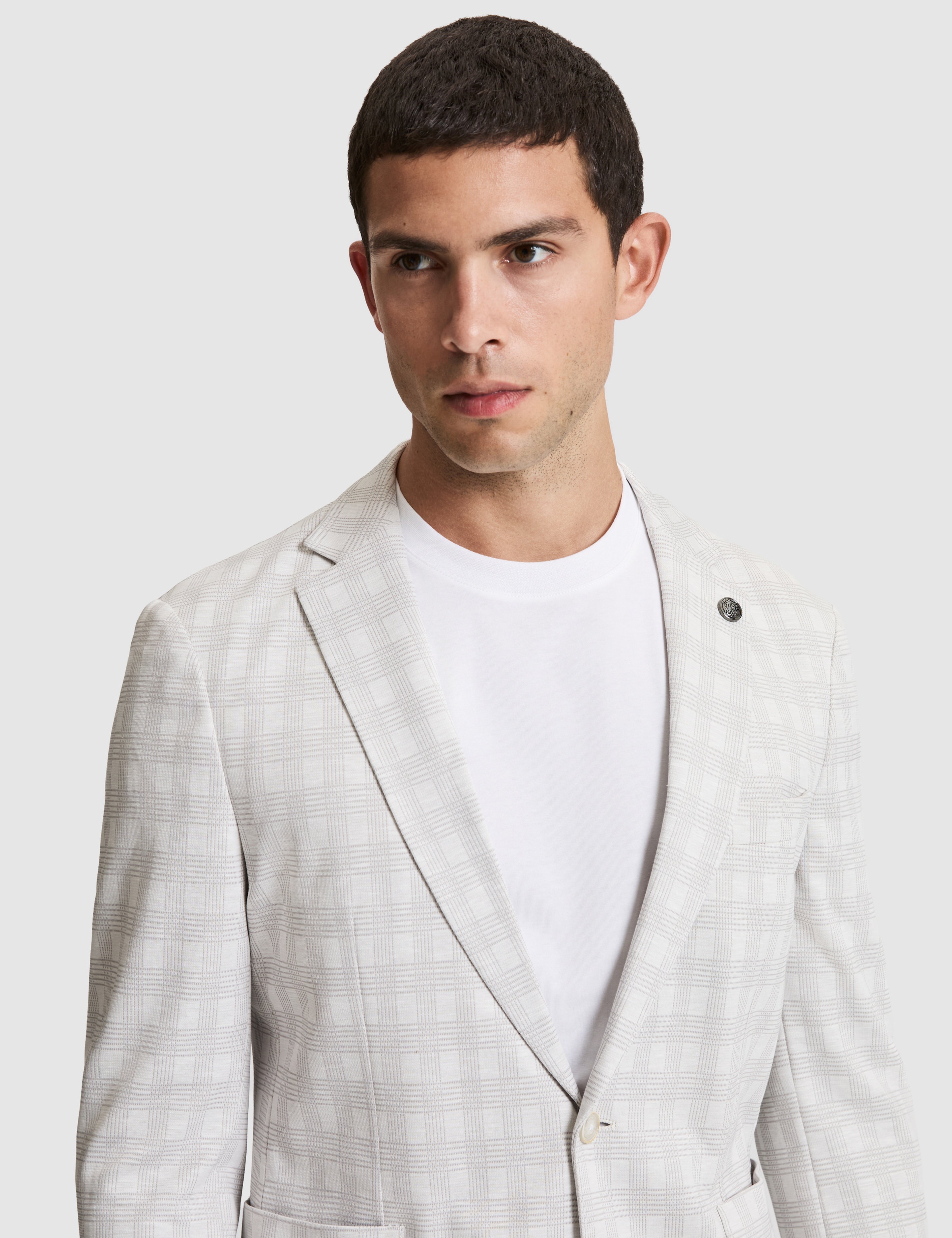 Açık Gri Pamuk Karışımlı Slim Fit Ekose Ceket