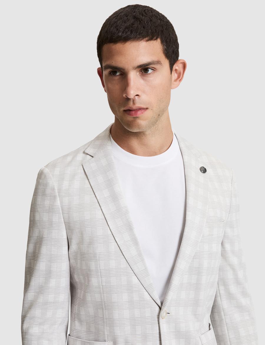 Açık Gri Pamuk Karışımlı Slim Fit Ekose Ceket