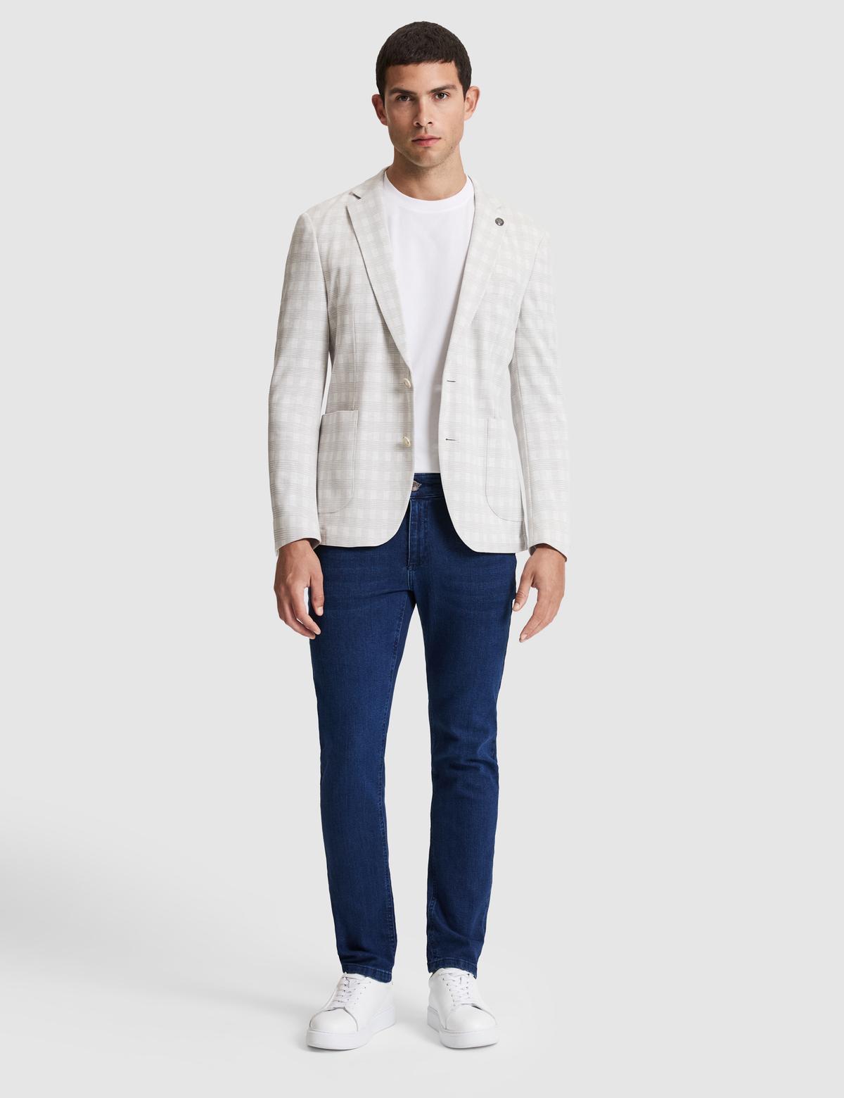 Açık Gri Pamuk Karışımlı Slim Fit Ekose Ceket - 50267015011