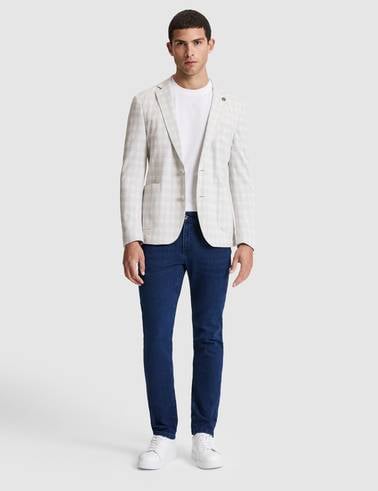 Açık Gri Pamuk Karışımlı Slim Fit Ekose Ceket