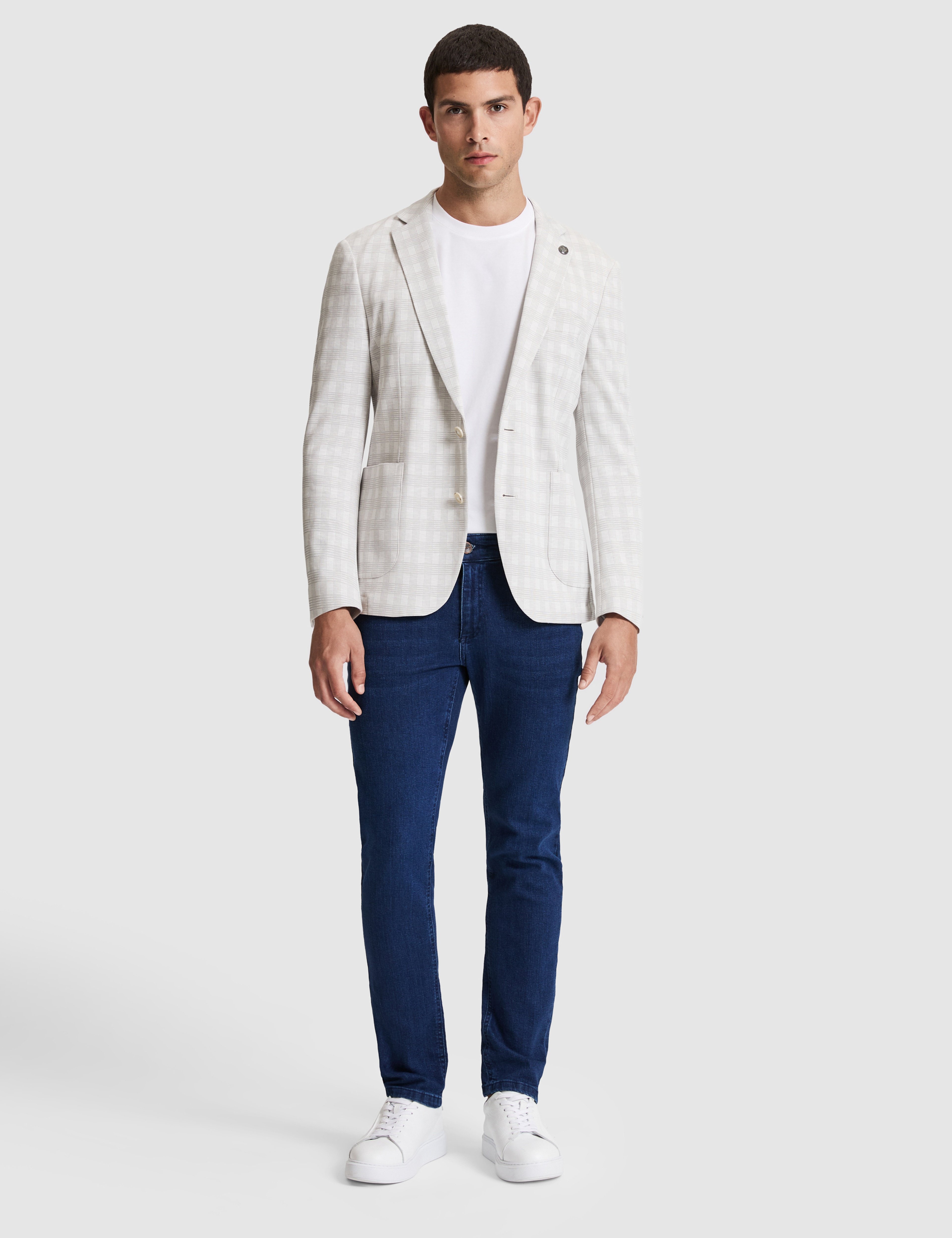 Açık Gri Pamuk Karışımlı Slim Fit Ekose Ceket - Image 4