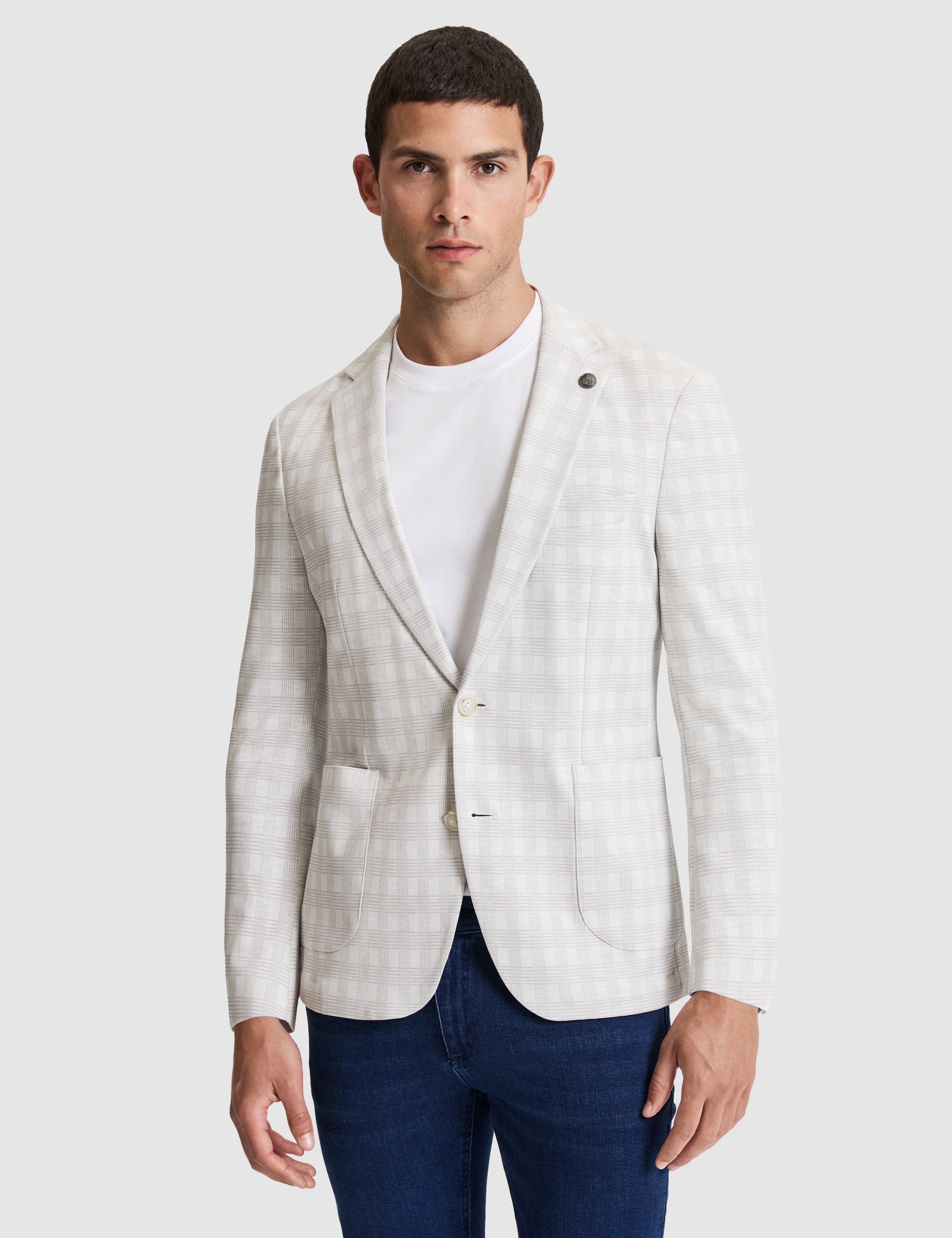Açık Gri Pamuk Karışımlı Slim Fit Ekose Ceket