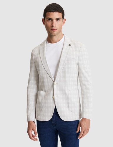 Açık Gri Pamuk Karışımlı Slim Fit Ekose Ceket