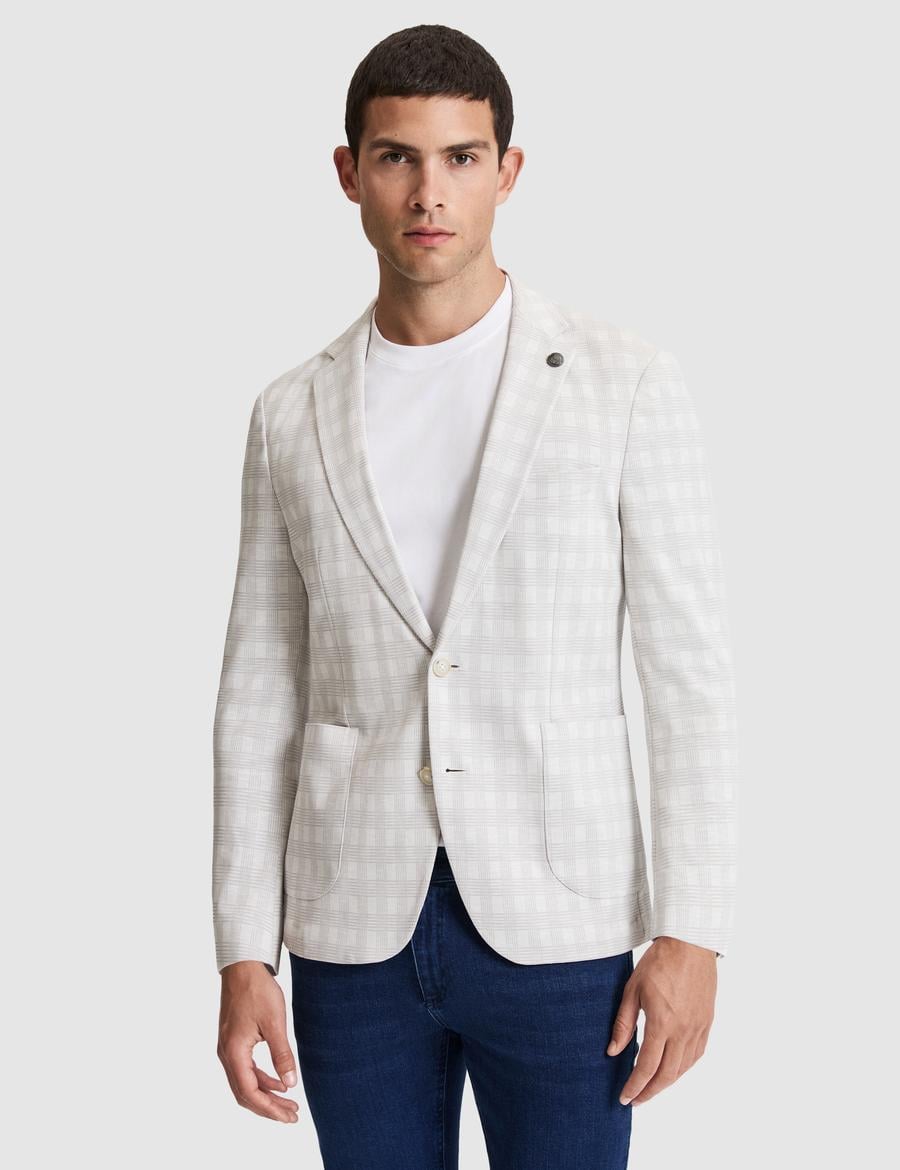 Açık Gri Pamuk Karışımlı Slim Fit Ekose Ceket