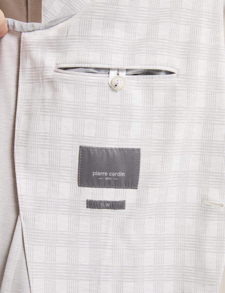 Açık Gri Pamuk Karışımlı Slim Fit Ekose Ceket