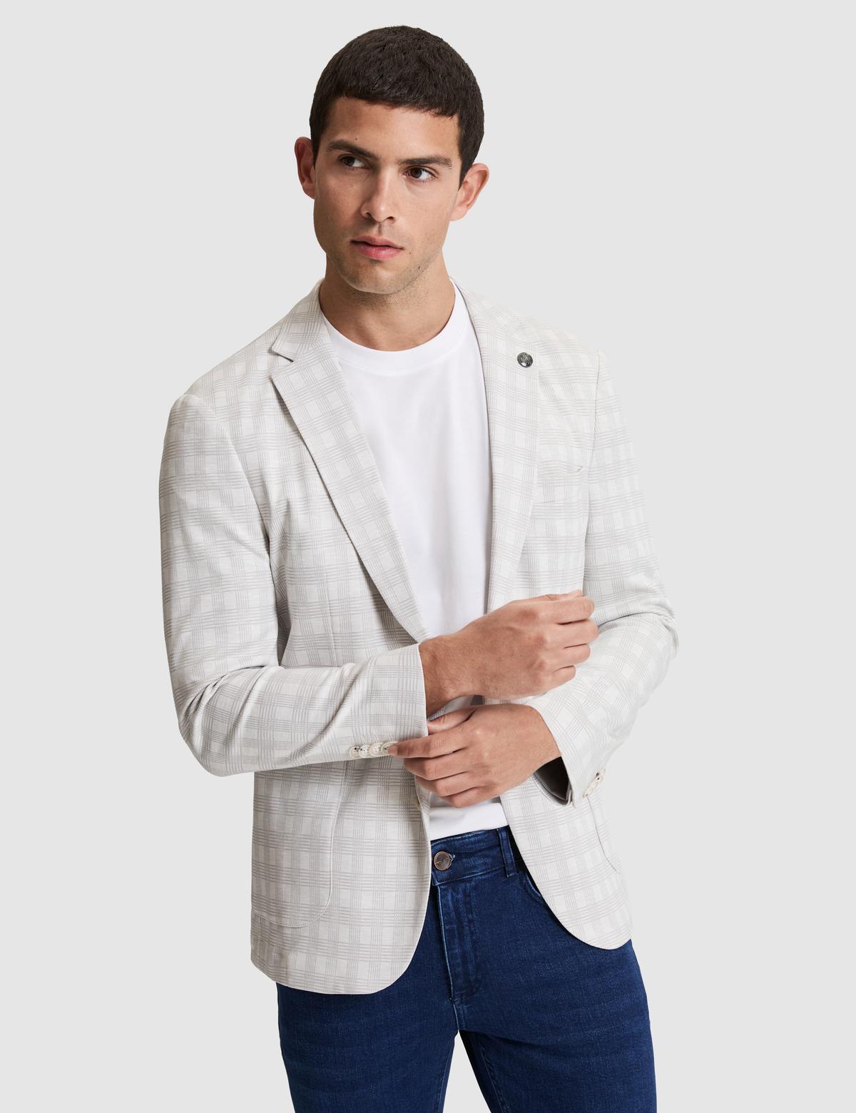 Açık Gri Pamuk Karışımlı Slim Fit Ekose Ceket - 50267015011