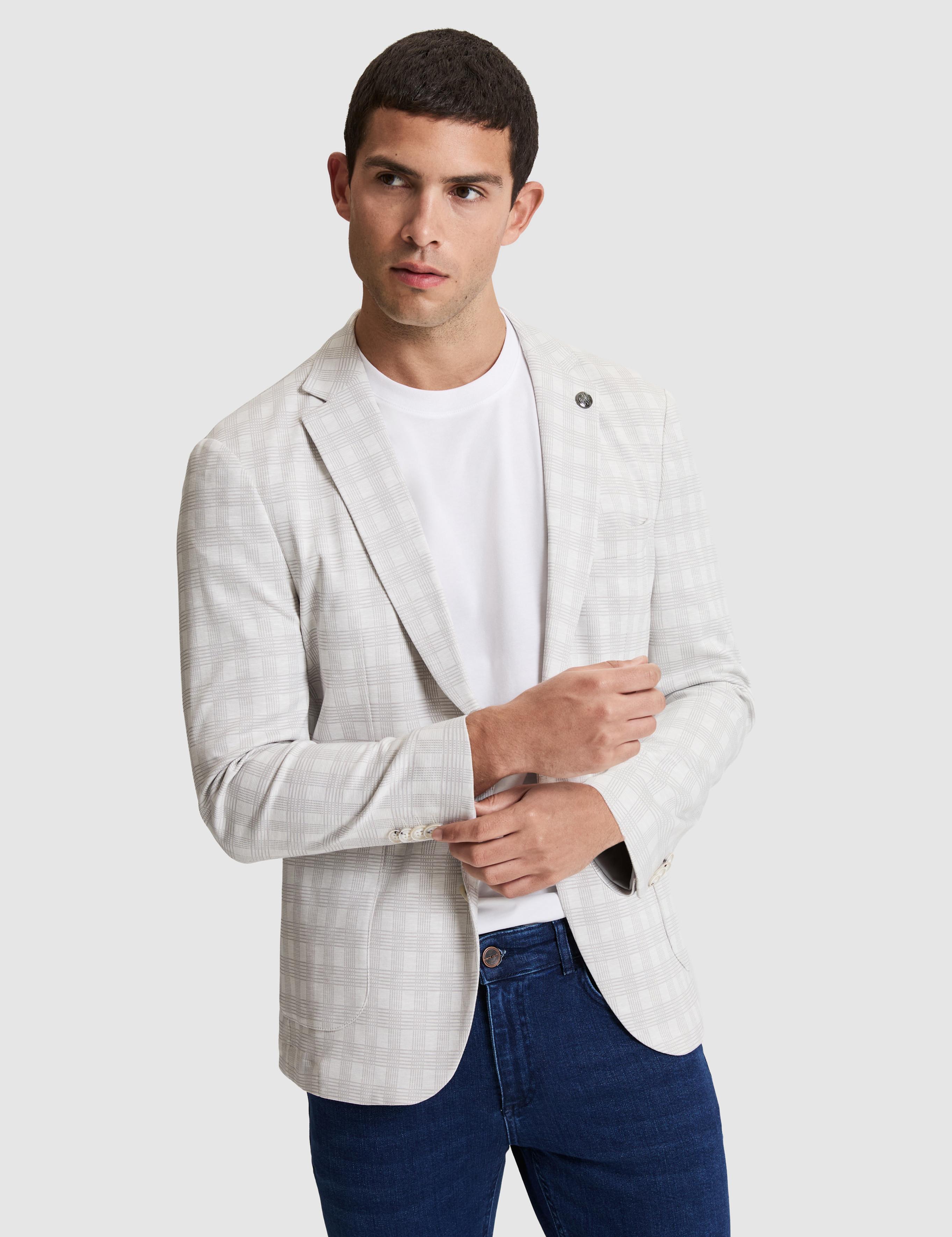 Açık Gri Pamuk Karışımlı Slim Fit Ekose Ceket