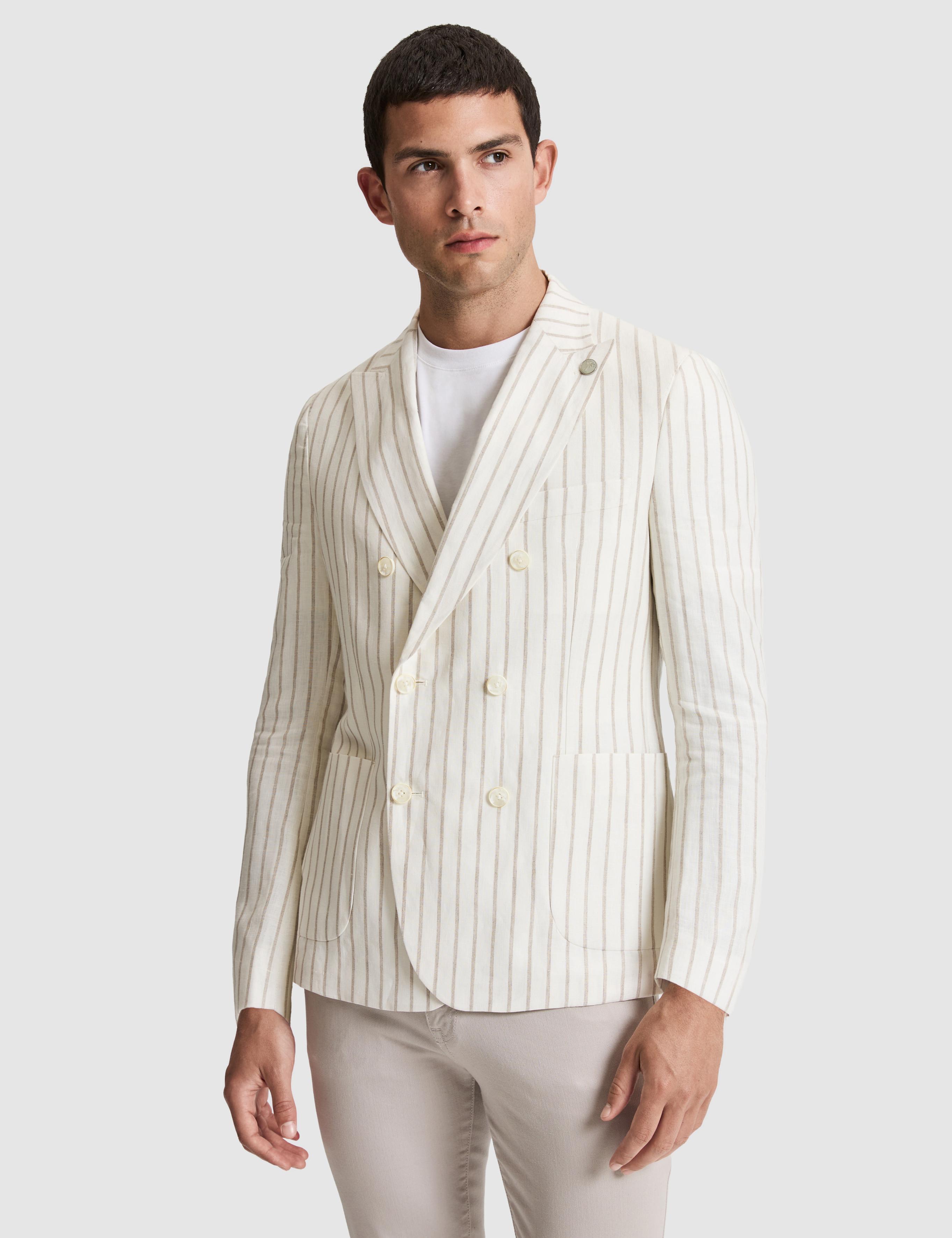 Ekru Slim Fit Çizgili Keten Kruvaze Ceket