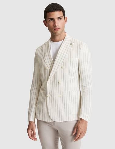 Ekru Slim Fit Çizgili Keten Kruvaze Ceket
