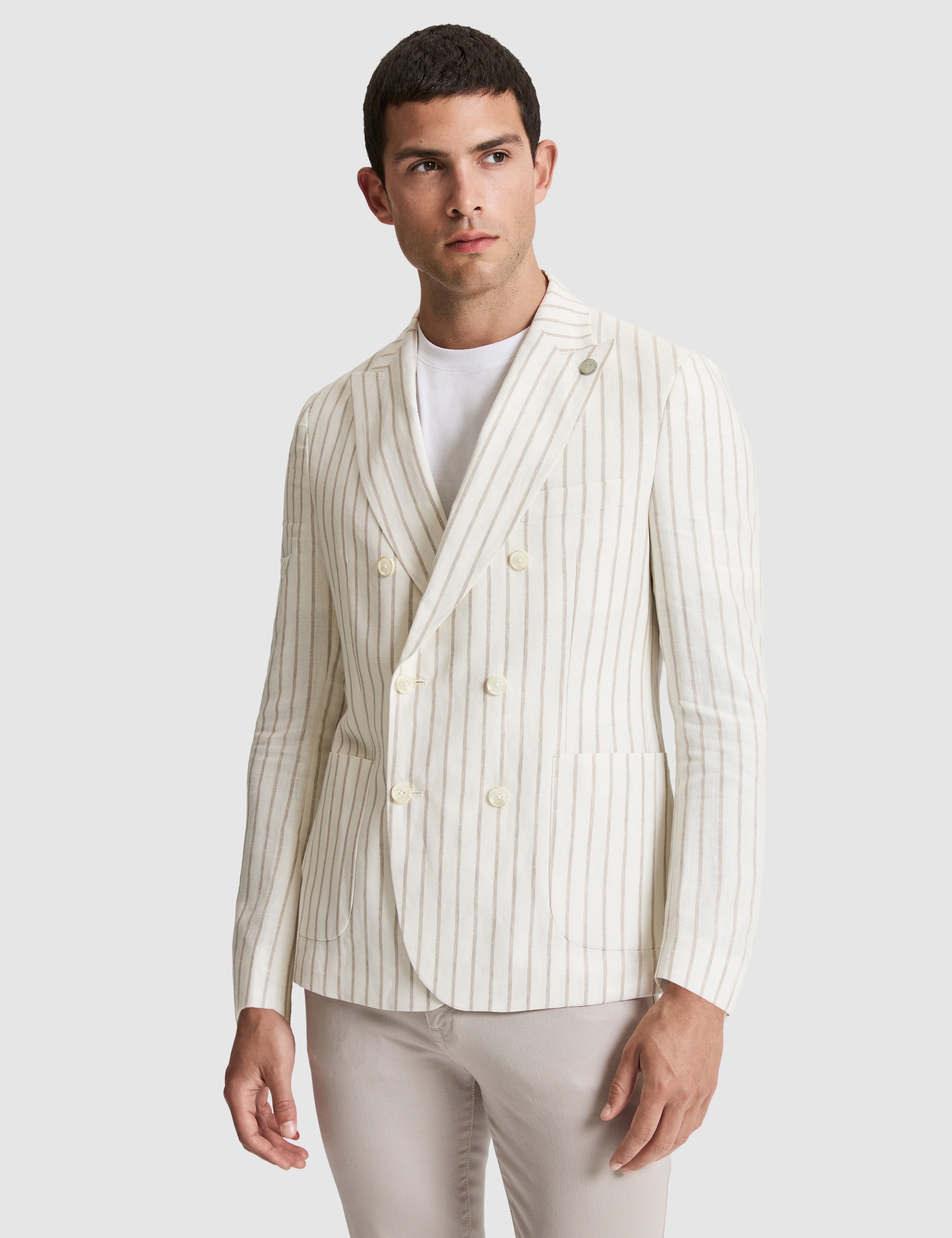 Ekru Slim Fit Çizgili Keten Kruvaze Ceket - Image 3