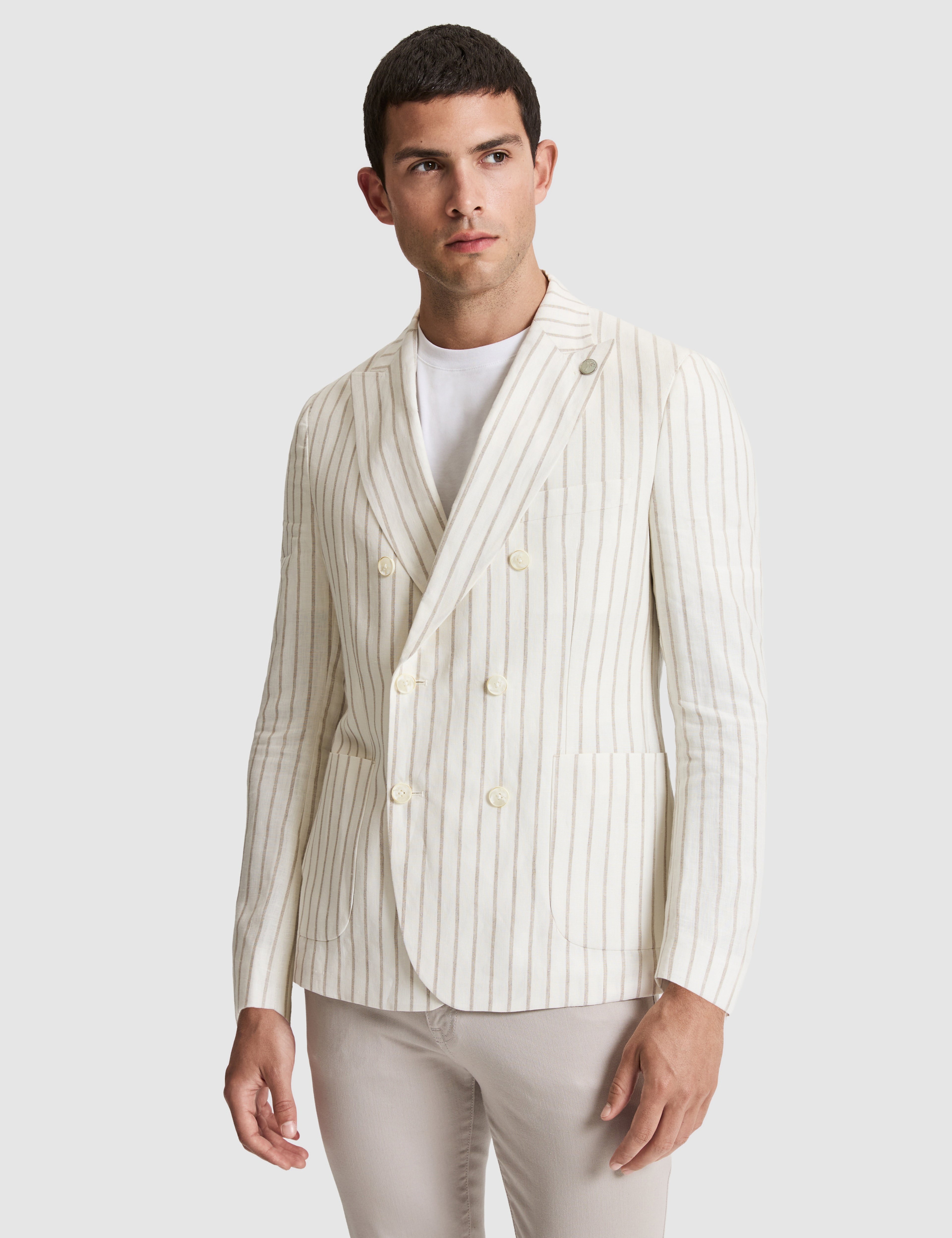 Ekru Slim Fit Çizgili Keten Kruvaze Ceket