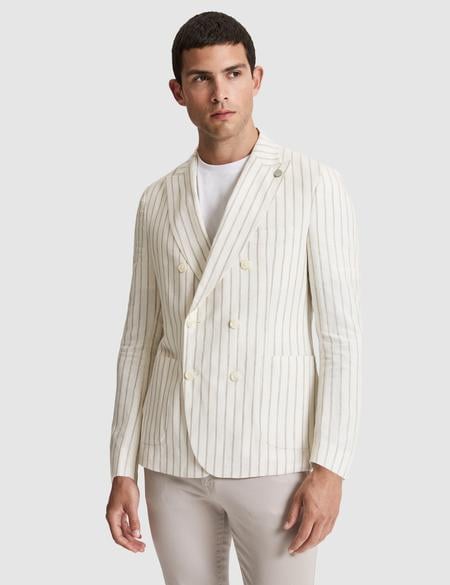 Ekru Slim Fit Çizgili Keten Kruvaze Ceket - 50284938005