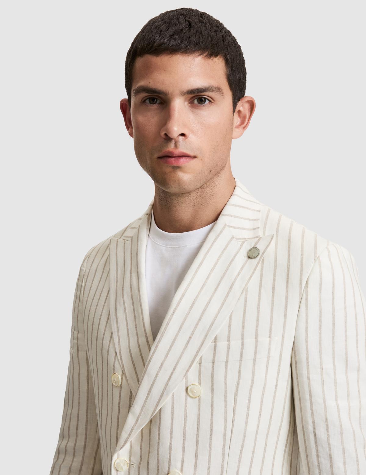 Ekru Slim Fit Çizgili Keten Kruvaze Ceket - 50284938005