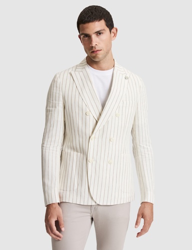 Ekru Slim Fit Çizgili Keten Kruvaze Ceket