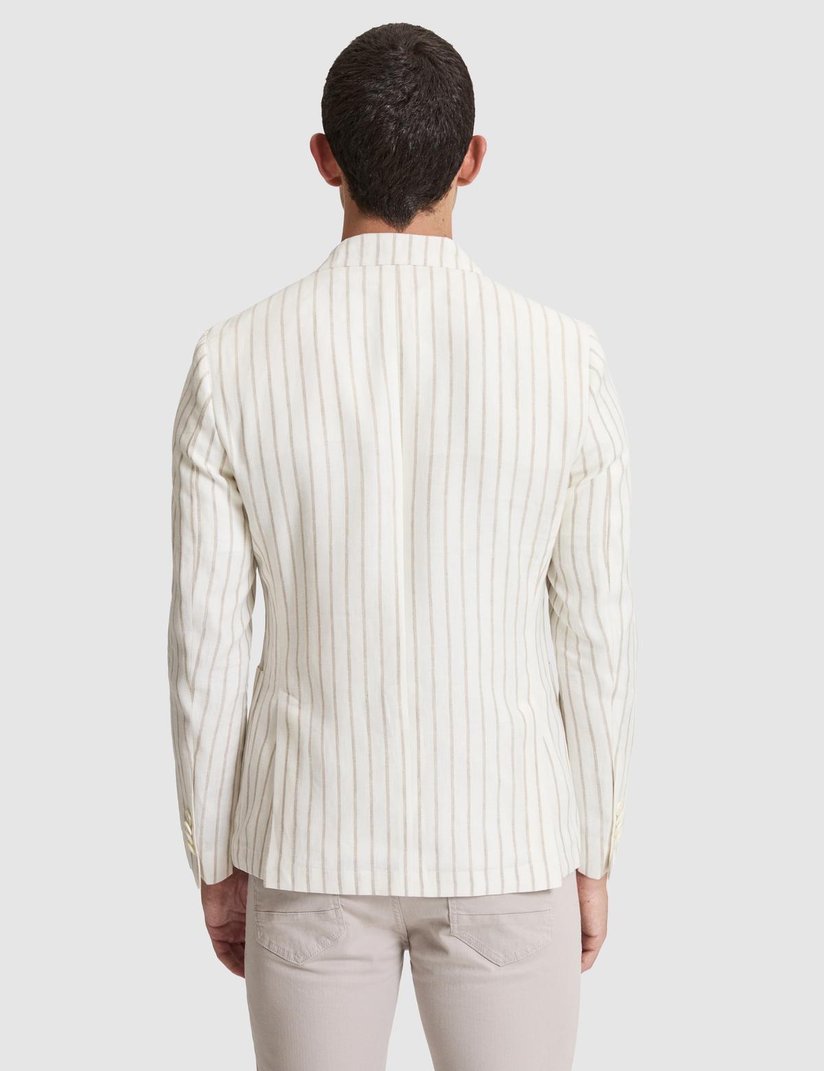 Ekru Slim Fit Çizgili Keten Kruvaze Ceket - 50284938005