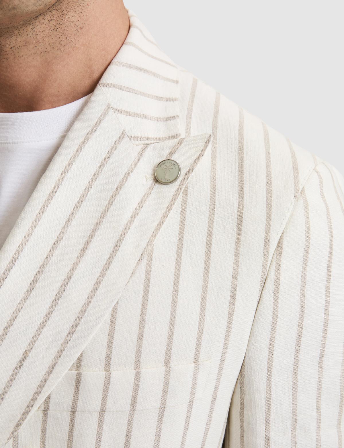 Ekru Slim Fit Çizgili Keten Kruvaze Ceket - 50284938005