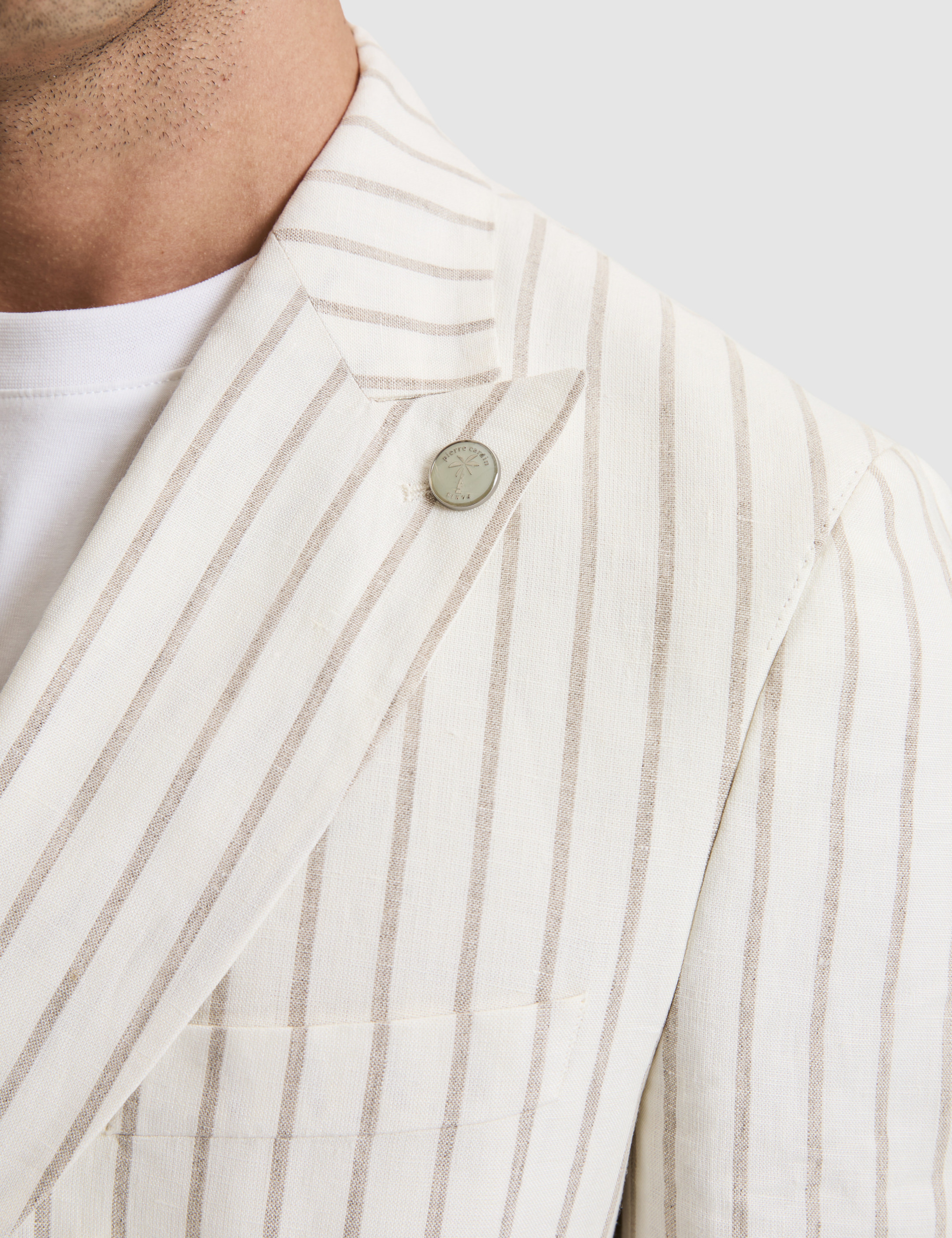 Ekru Slim Fit Çizgili Keten Kruvaze Ceket - Image 6