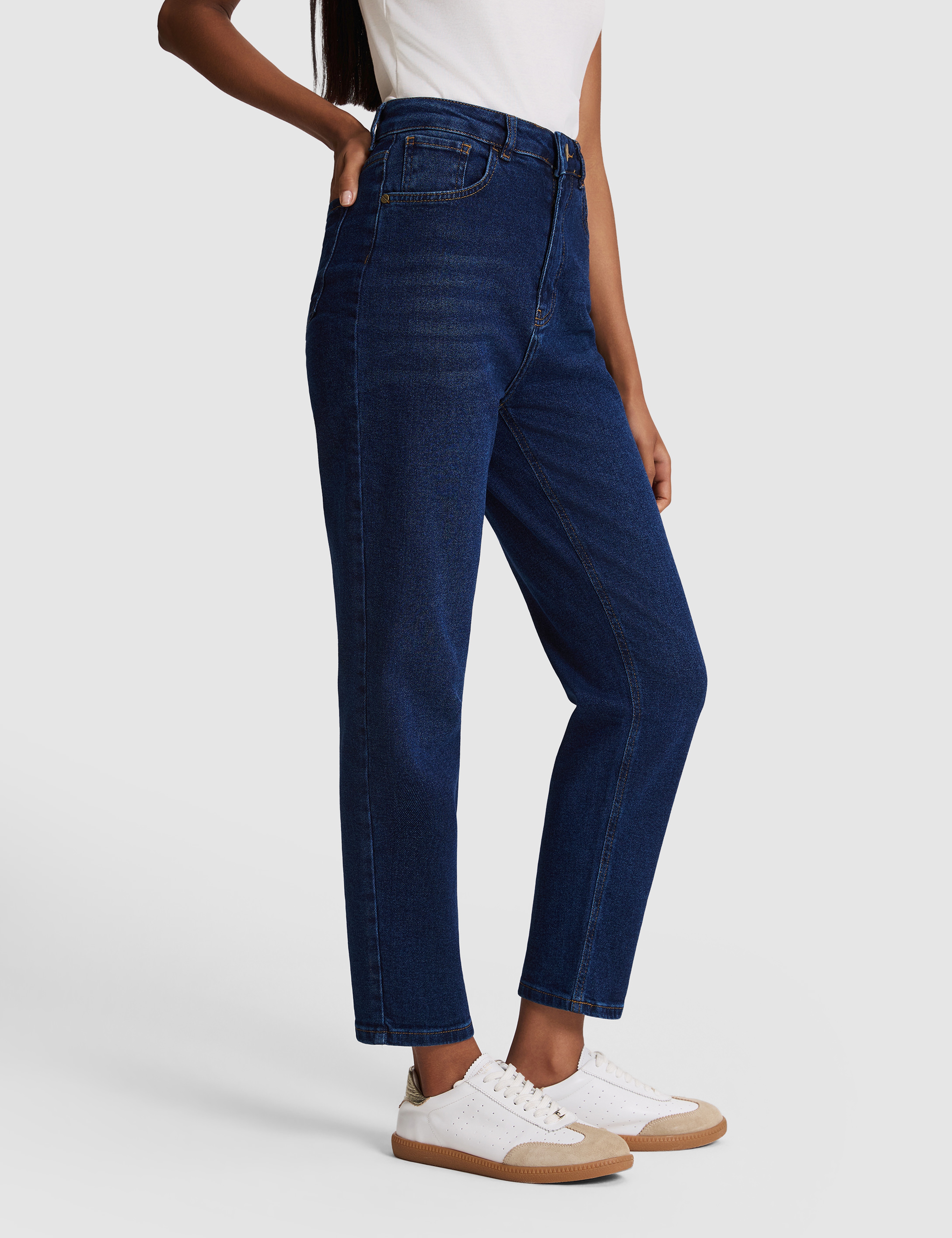 Koyu Mavi Mom High Waist Fit Jean Pantolon - Image 4