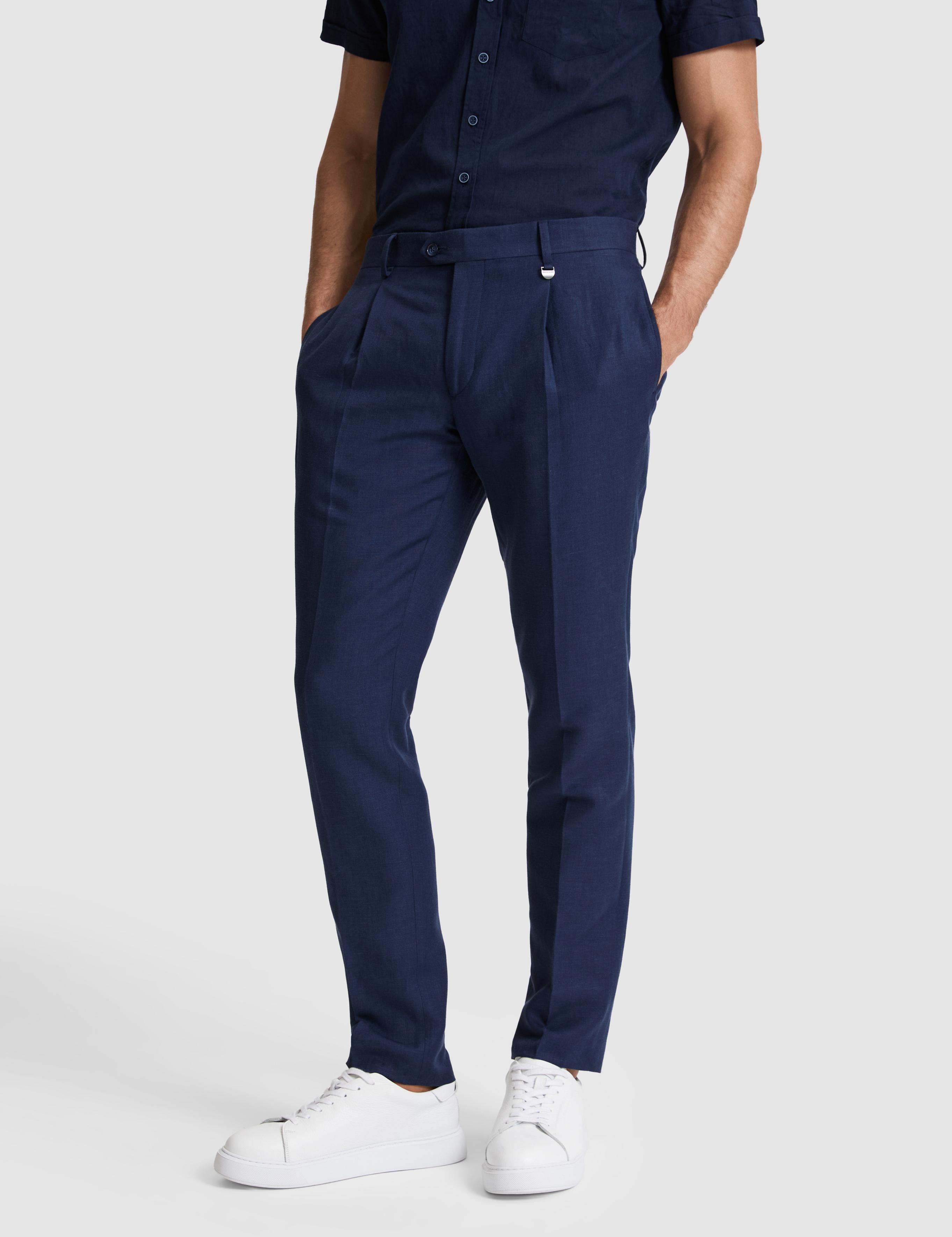 Lacivert Slim Fit Keten Karışımlı Pileli Pantolon