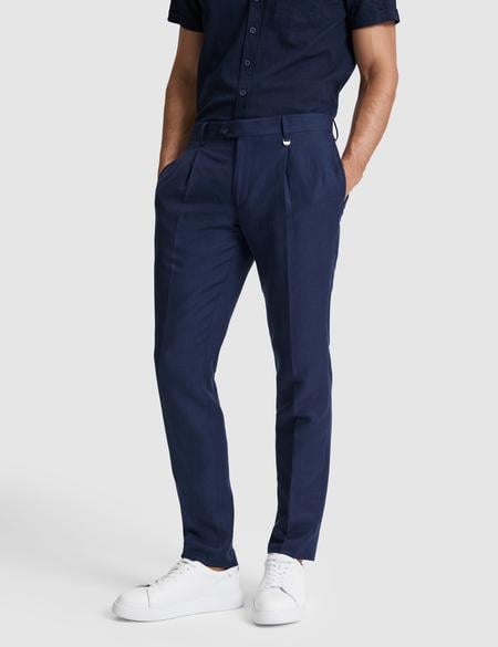 Lacivert Slim Fit Keten Karışımlı Pileli Pantolon - 50325165089