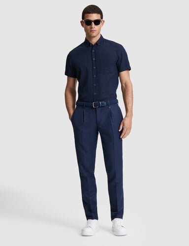 Lacivert Slim Fit Keten Karışımlı Pileli Pantolon