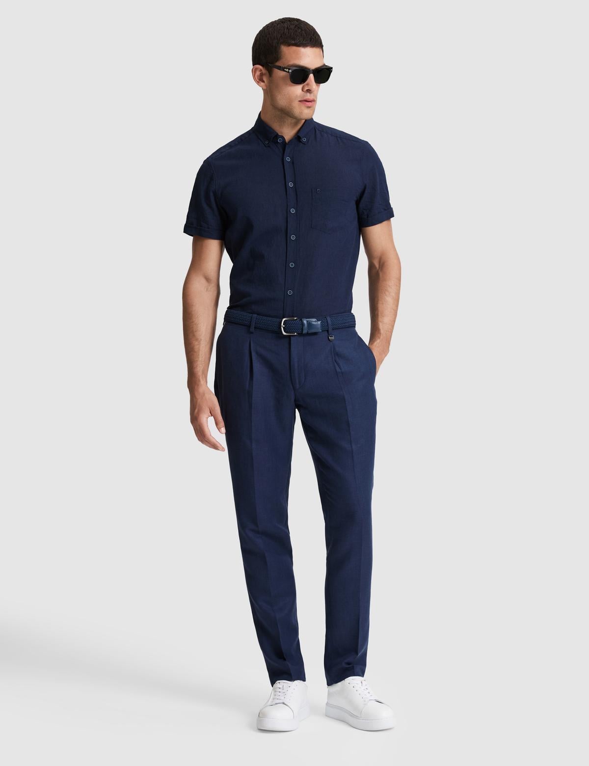 Lacivert Slim Fit Keten Karışımlı Pileli Pantolon - 50325165089