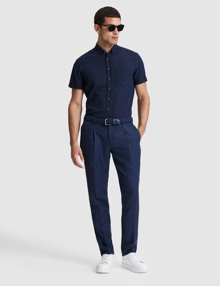 Lacivert Slim Fit Keten Karışımlı Pileli Pantolon - 50325165089
