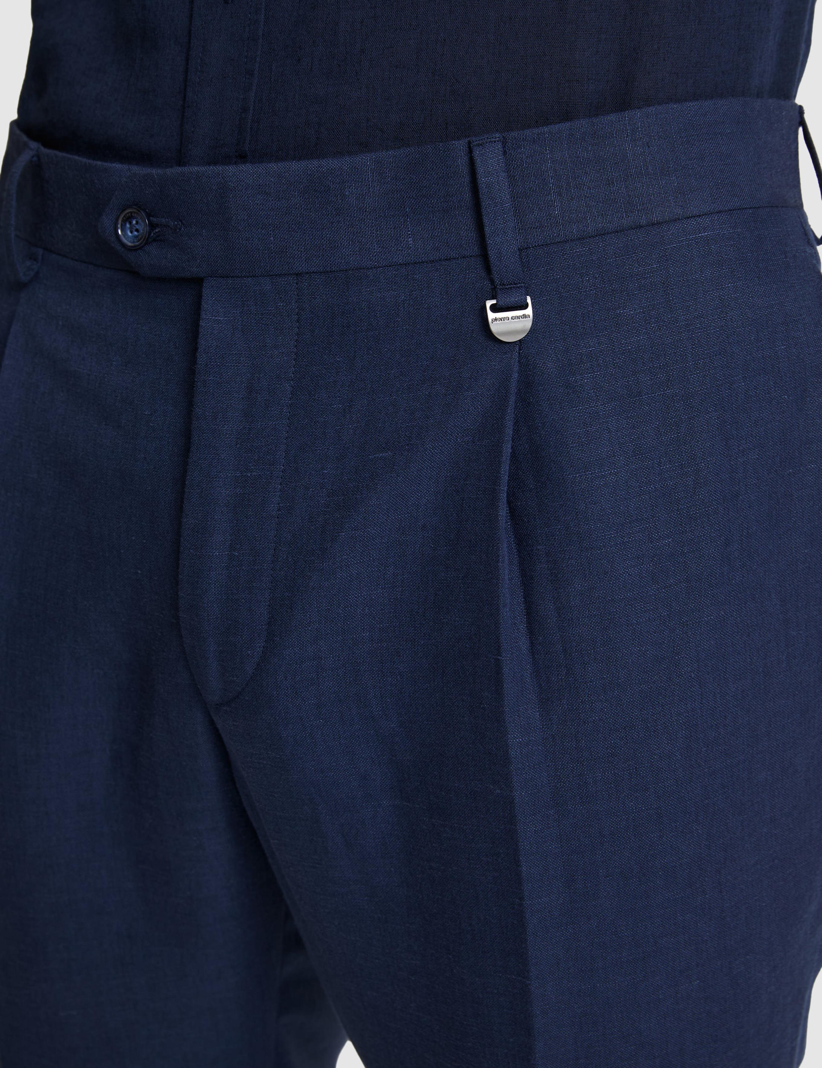 Lacivert Slim Fit Keten Karışımlı Pileli Pantolon