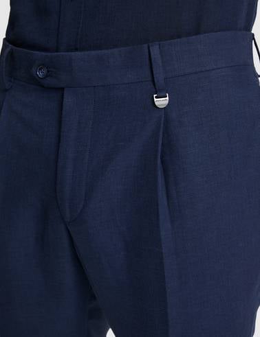 Lacivert Slim Fit Keten Karışımlı Pileli Pantolon