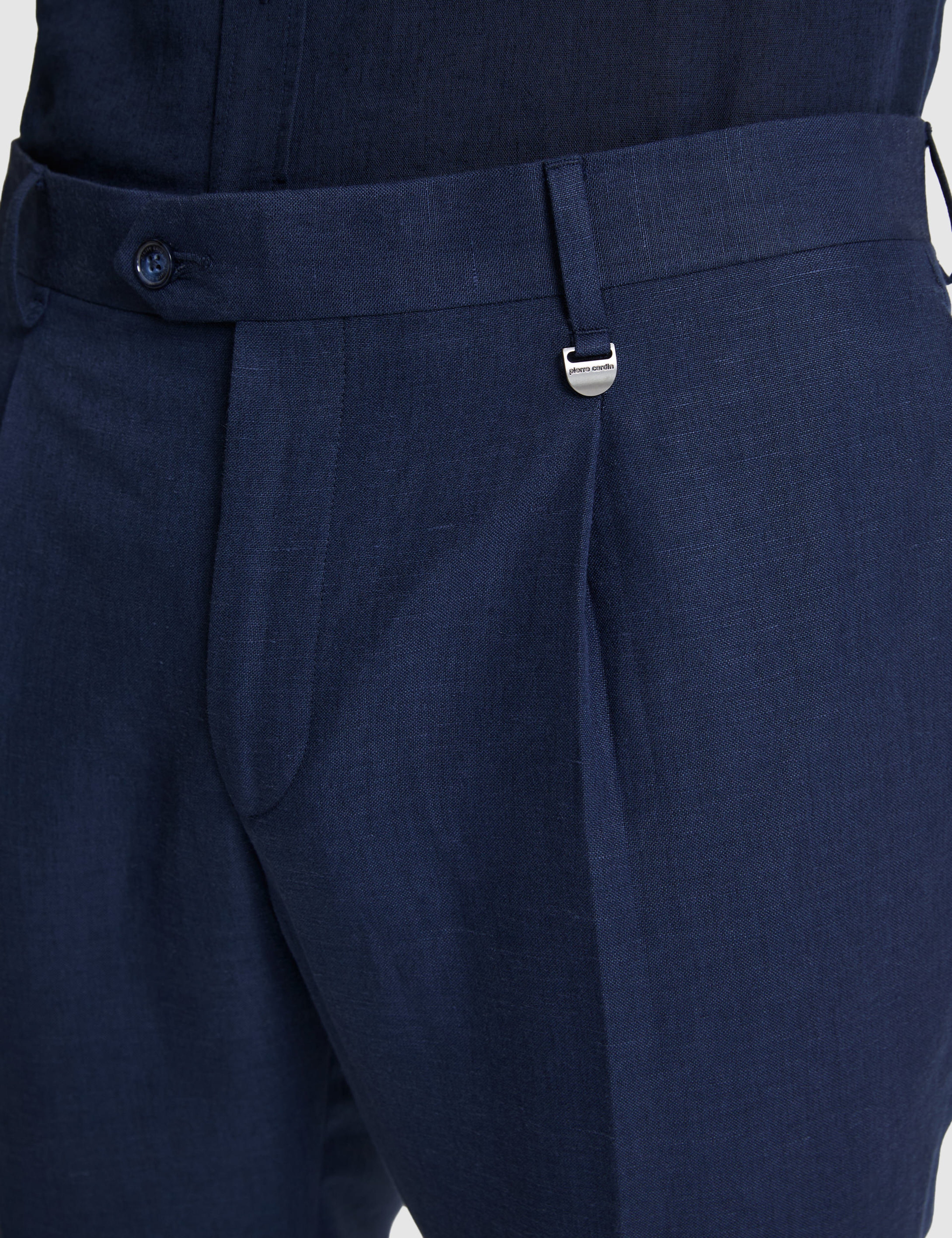 Lacivert Slim Fit Keten Karışımlı Pileli Pantolon