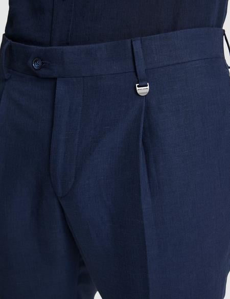 Lacivert Slim Fit Keten Karışımlı Pileli Pantolon - 50325165089