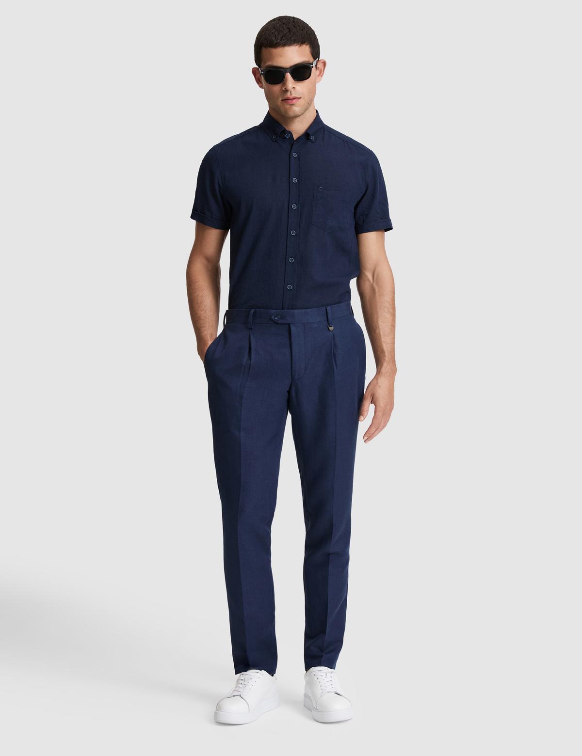 Lacivert Slim Fit Keten Karışımlı Pileli Pantolon - 50325165089