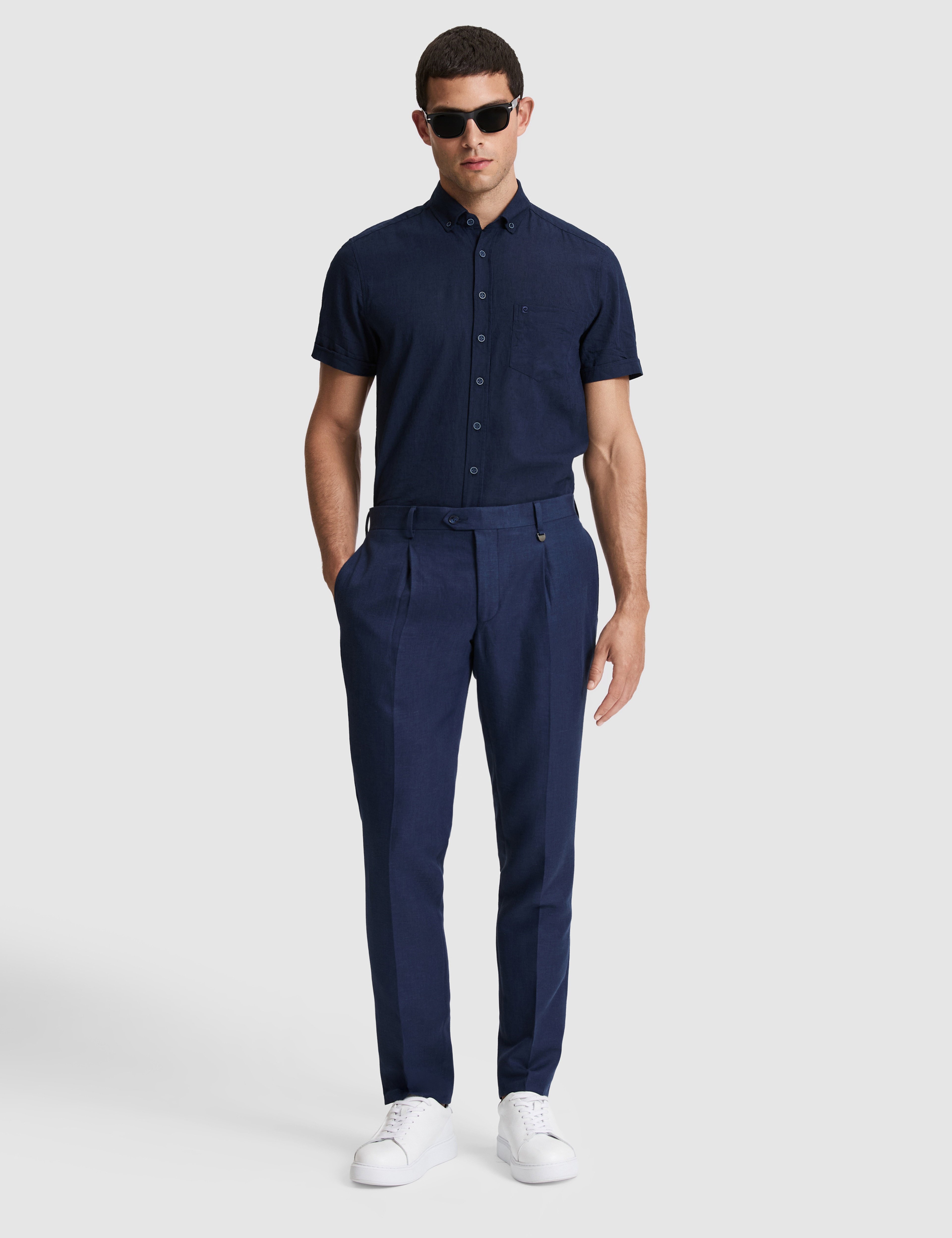 Lacivert Slim Fit Keten Karışımlı Pileli Pantolon