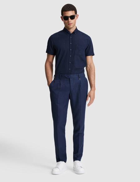 Lacivert Slim Fit Keten Karışımlı Pileli Pantolon - 50325165089