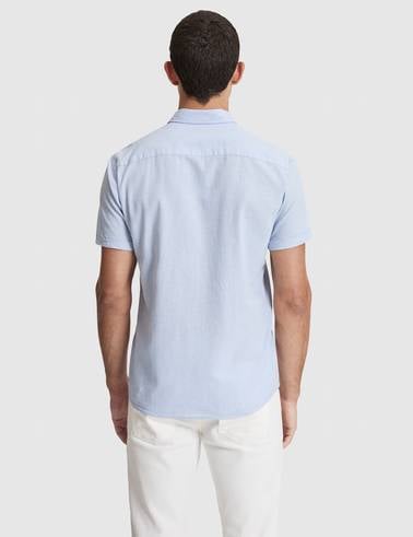 Açık Mavi Keten Karışımlı Regular Fit Kısa Kollu Gömlek