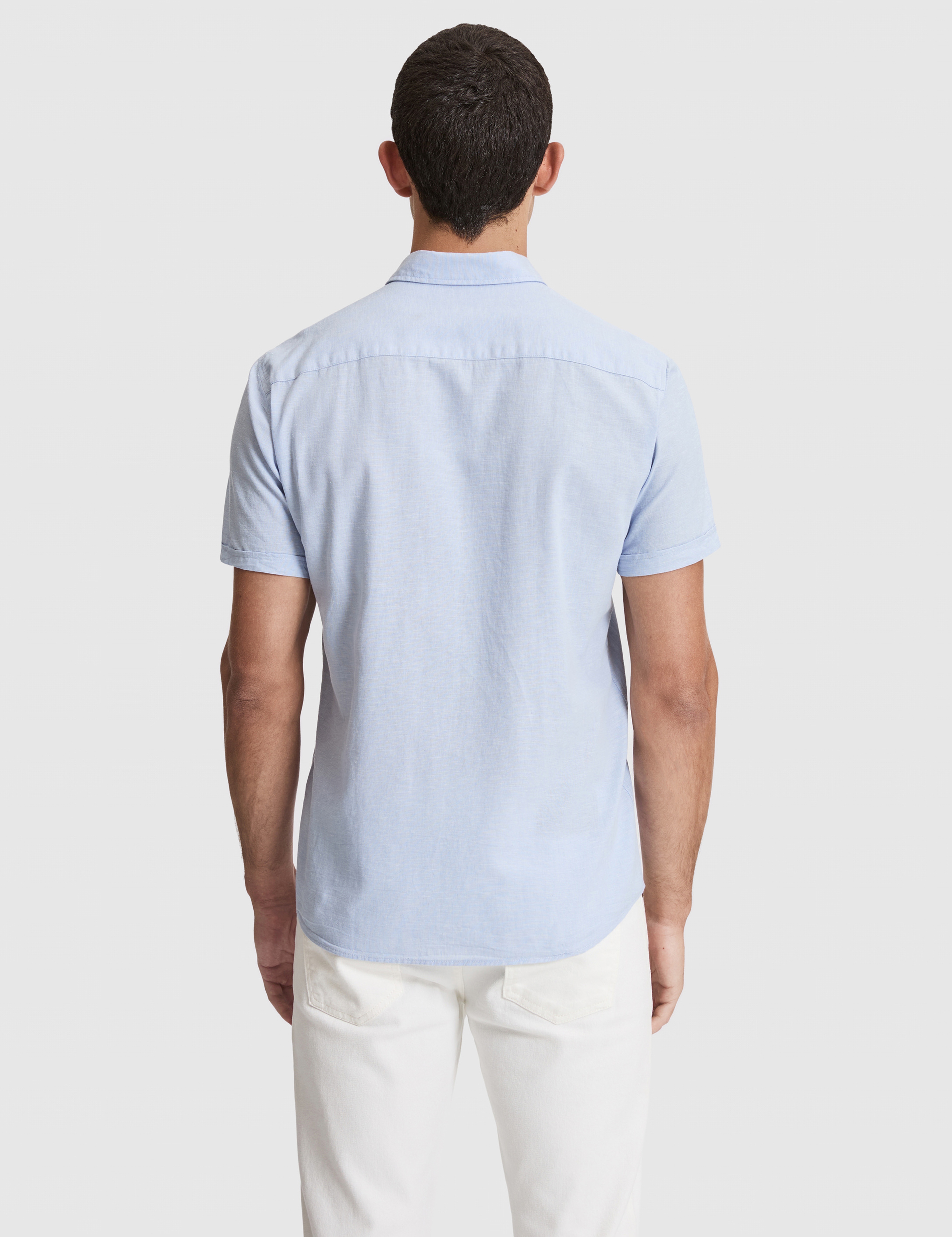Açık Mavi Keten Karışımlı Regular Fit Kısa Kollu Gömlek - Image 5