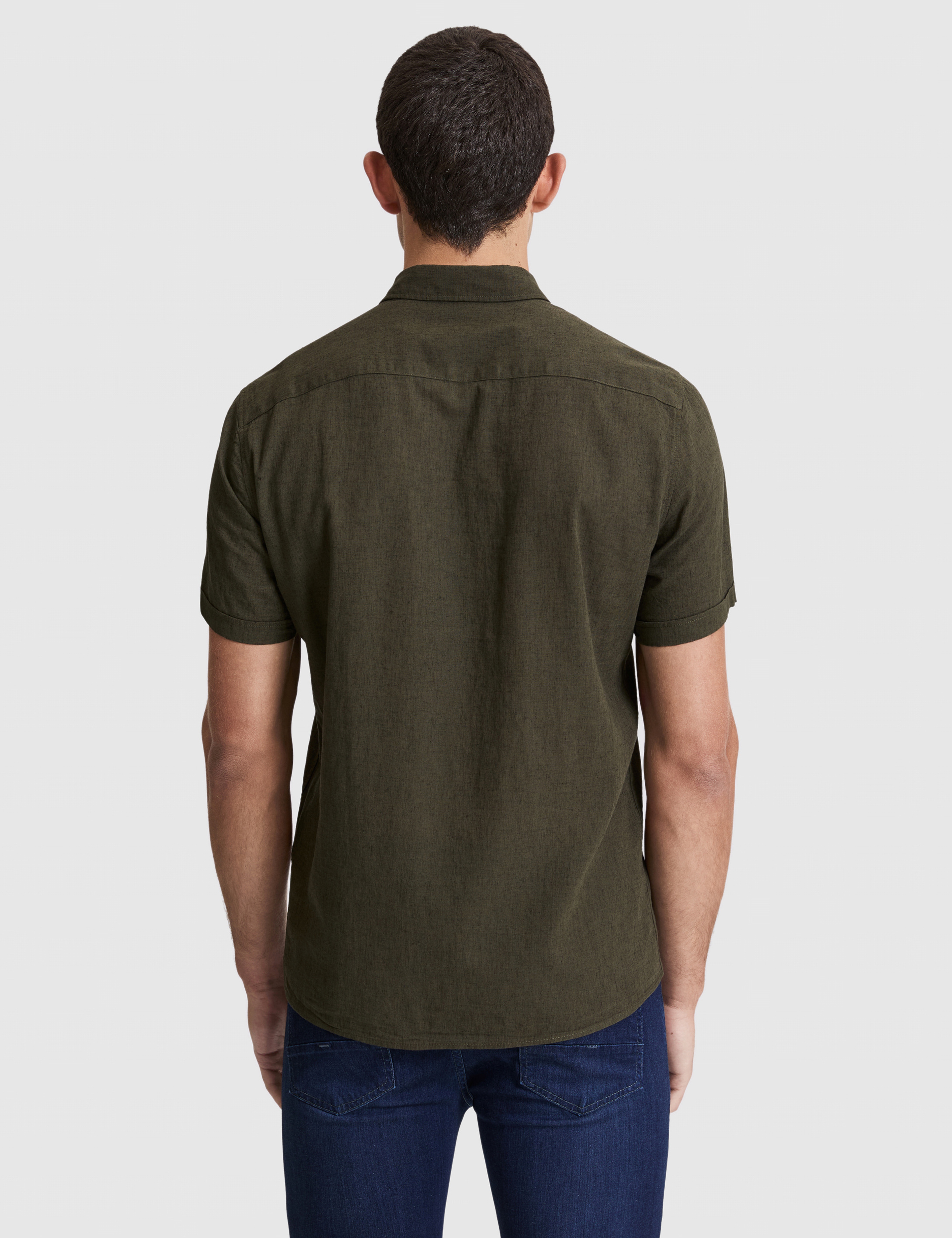 Haki Keten Karışımlı Regular Fit Kısa Kollu Gömlek - Image 5