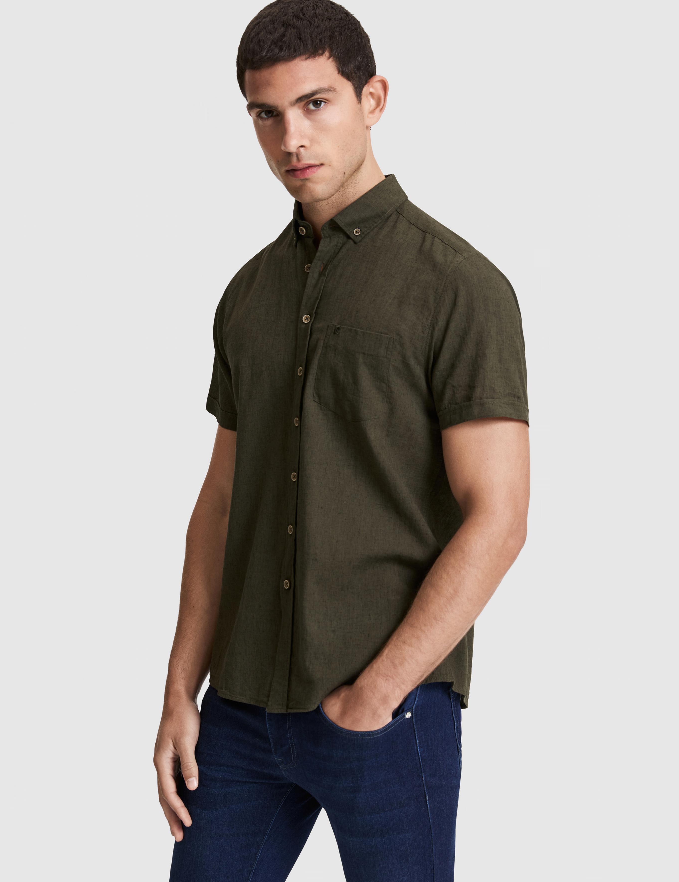 Haki Keten Karışımlı Regular Fit Kısa Kollu Gömlek