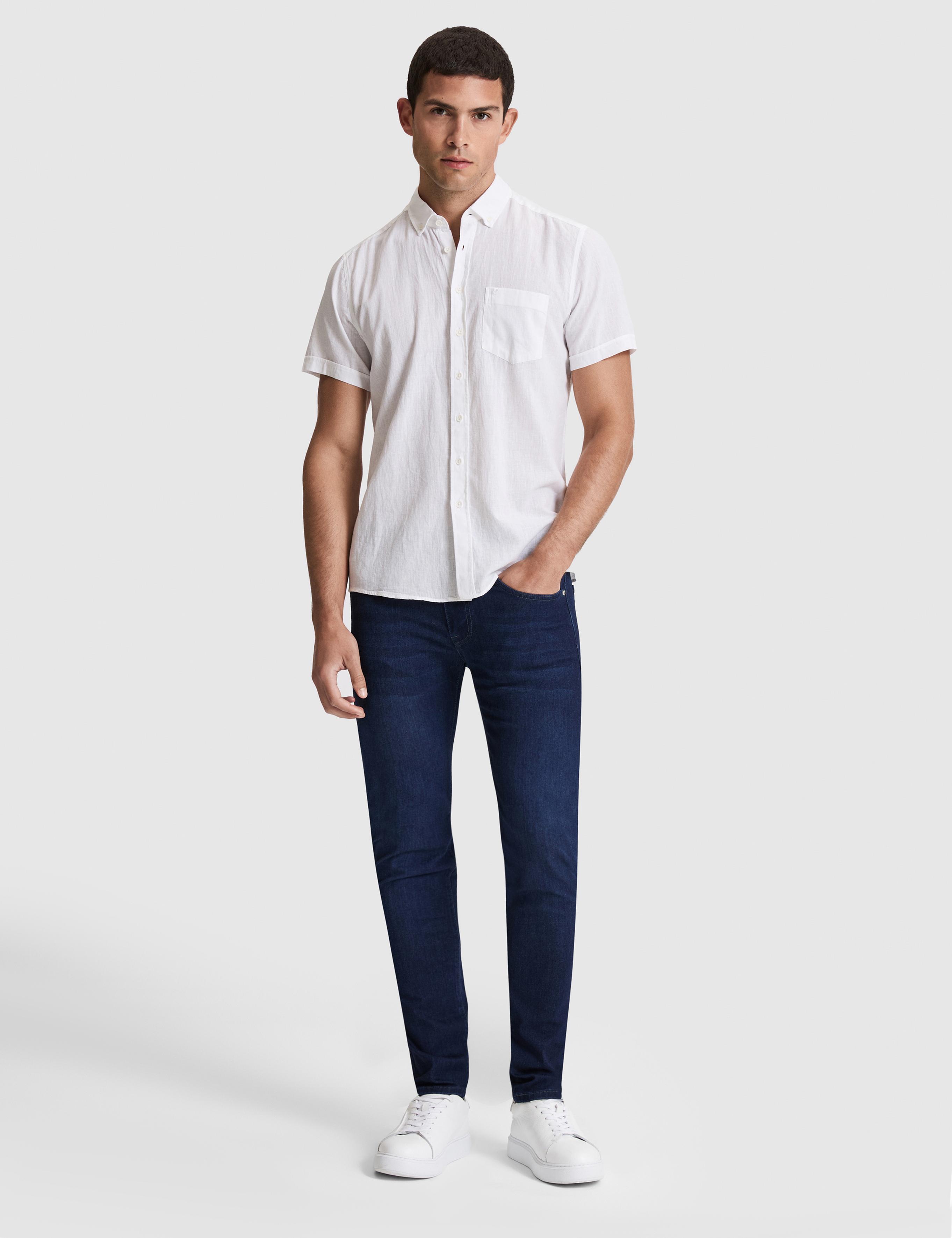 Beyaz Keten Karışımlı Regular Fit Kısa Kollu Gömlek
