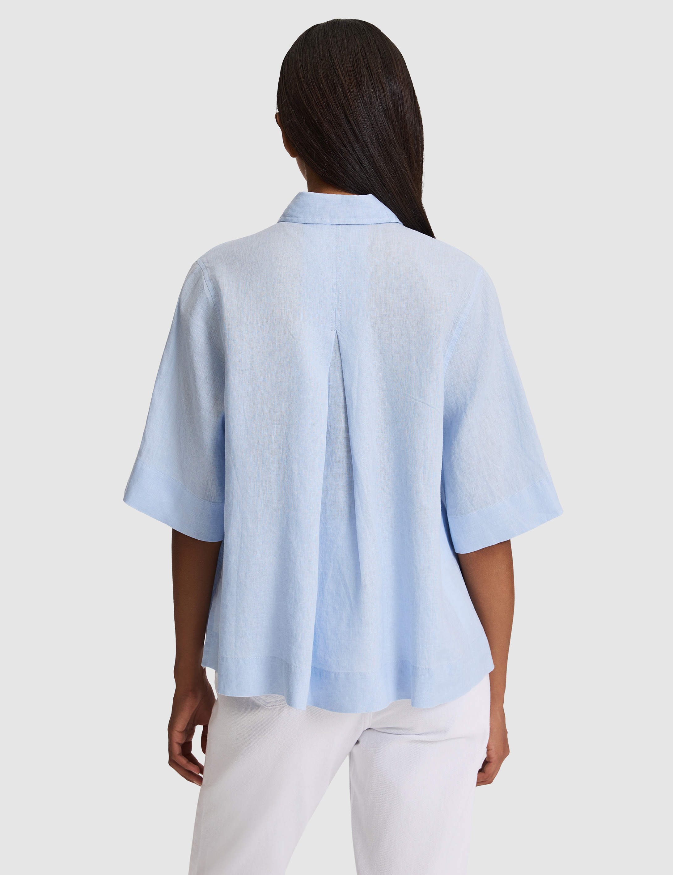 Mavi Oversize Kısa Kollu %100 Keten Gömlek - 50327834011