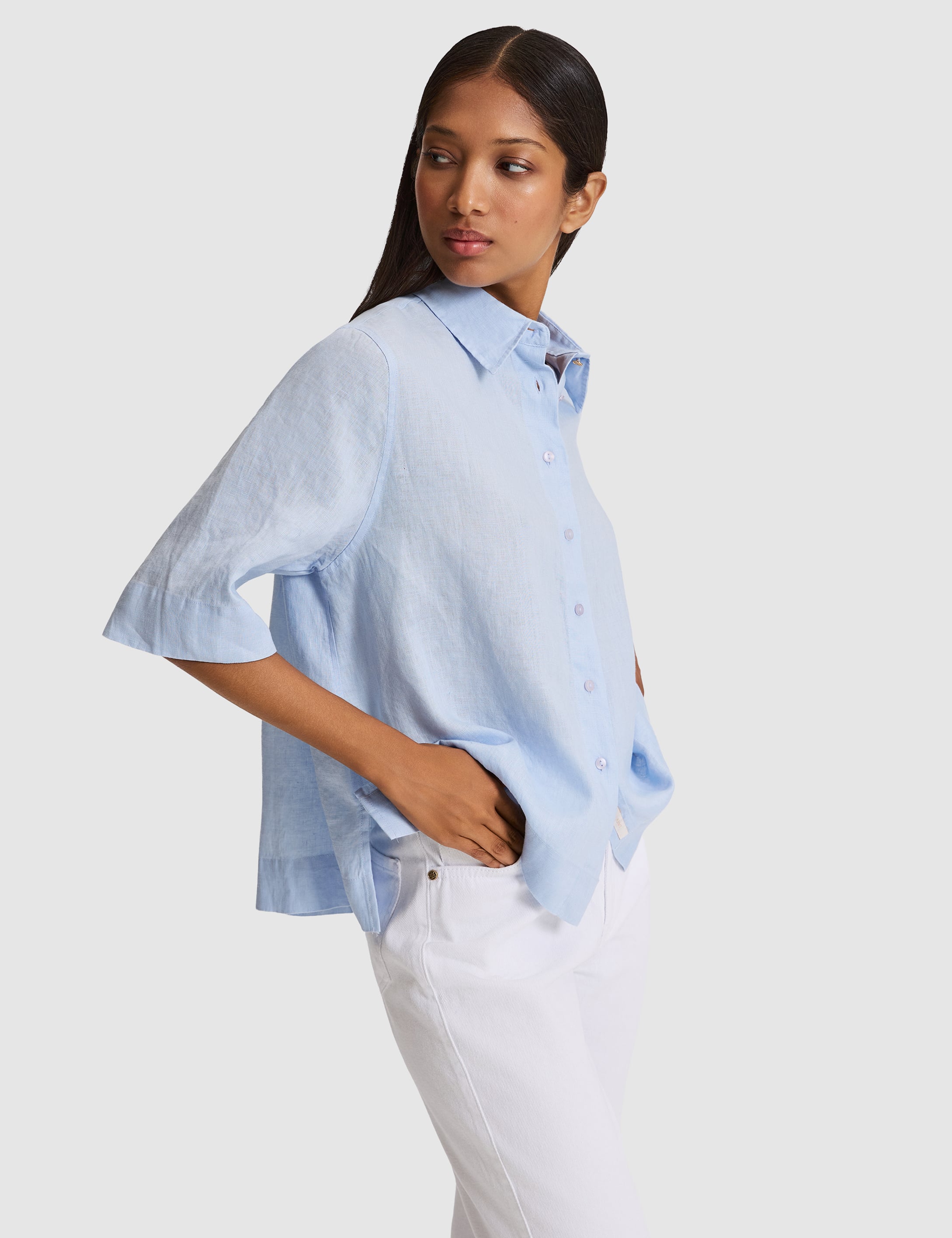 Mavi Oversize Kısa Kollu %100 Keten Gömlek - 50327834011
