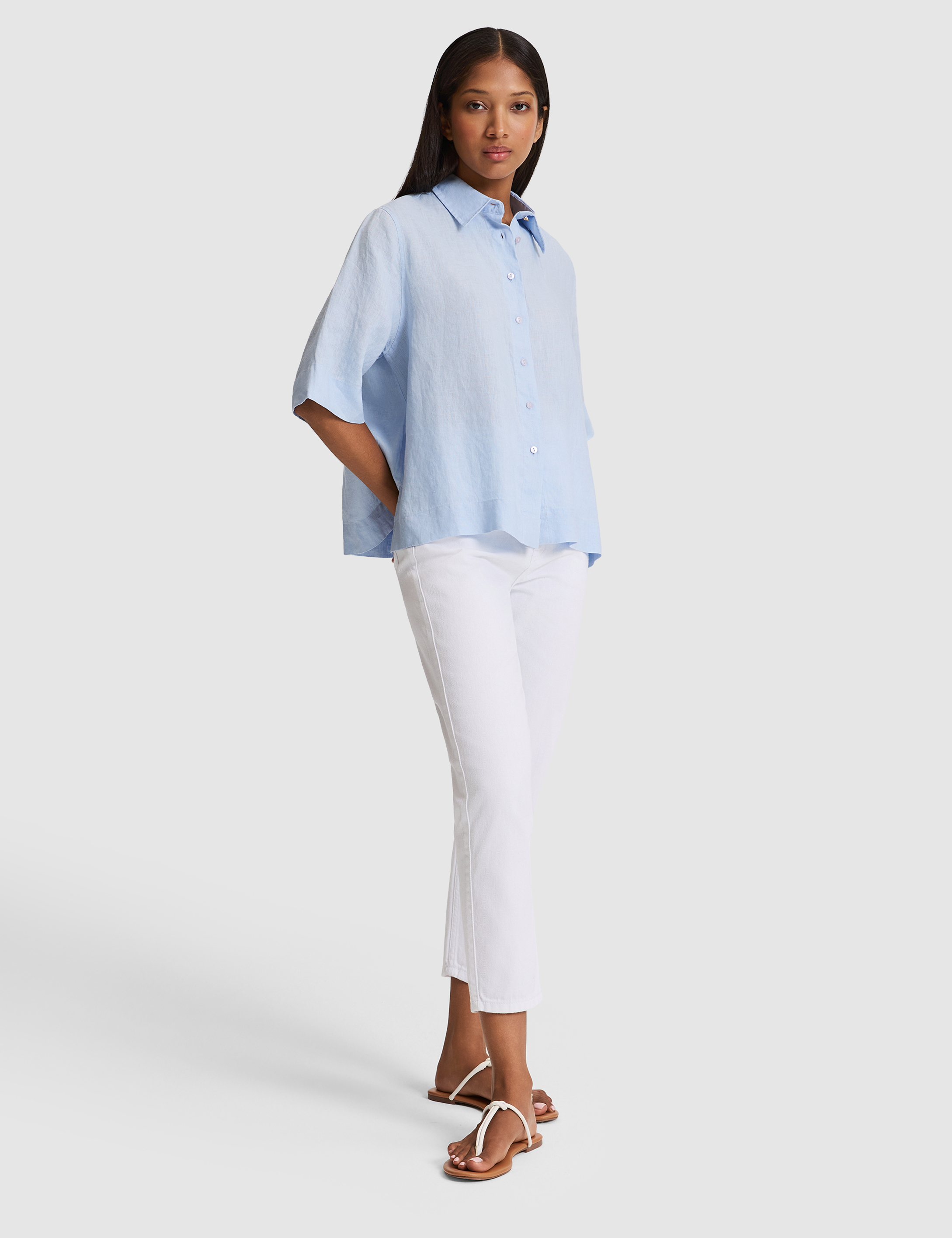 Mavi Oversize Kısa Kollu %100 Keten Gömlek - 50327834011